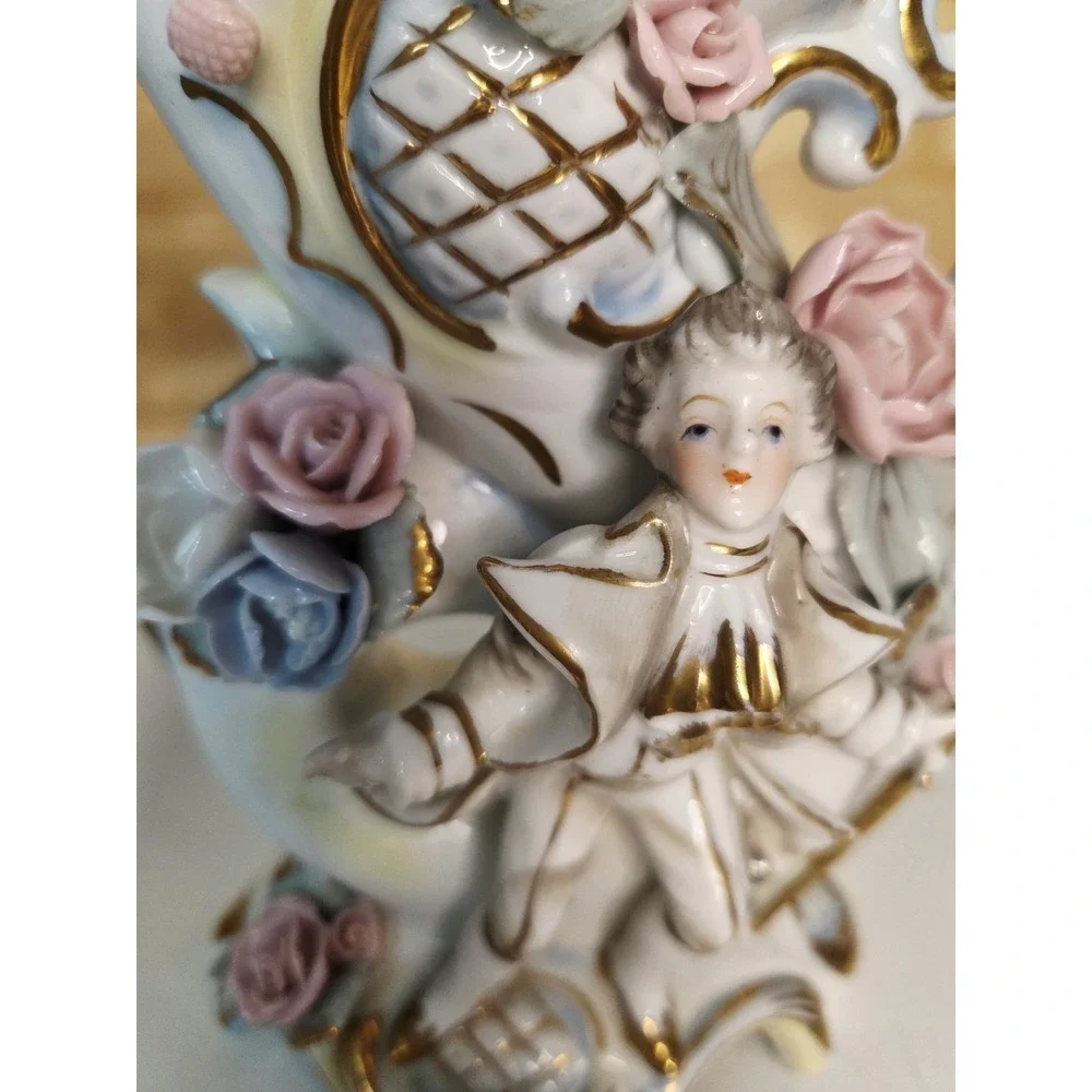 Vintage Ucagco Japan Porcelain‎ Vase Applied Flowers Gold Trim Pitcher Boy Spill
